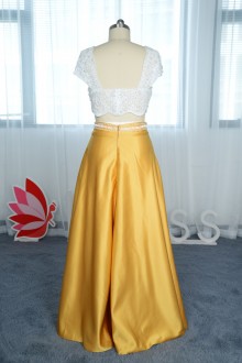beaded white lace top prom dress