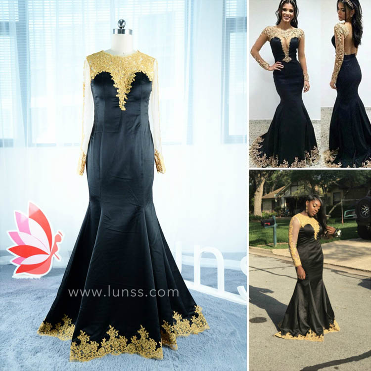 Gold Appliqued Long Sleeves Black Mermaid Prom Dress