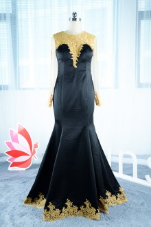 black mermaid prom dress beautifully decorated with gold appliques