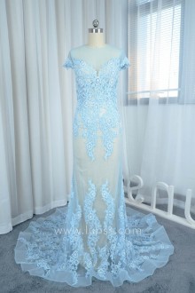 illusion beaded V neck luxury sky blue mermaid prom dress