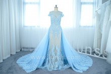 sky blue beaded lace appliques over nude jersey lining prom dress