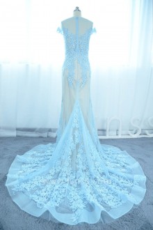 sky blue lace mermaid prom dress