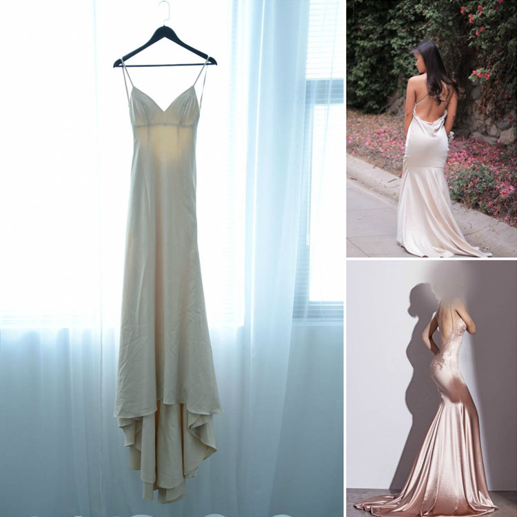 Spaghetti Strap V neck Nude Satin Mermaid Prom Dress with Cowl Back