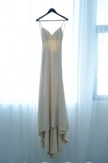 Spaghetti strap V neck Amazing nude satin mermaid prom dress