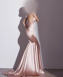 nude satin mermaid prom dress with cowl back