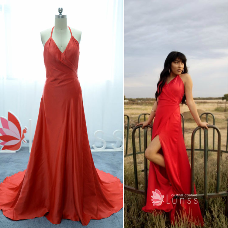 Sleeveless plunging V neck red halter tight A line dress with side slit