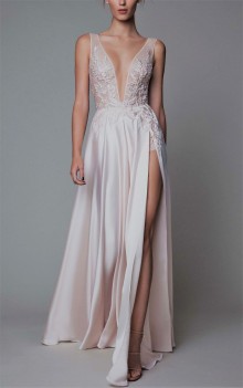 blushing pink lace appliqued plunging dress