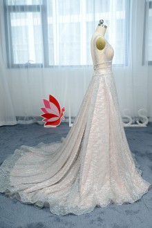 Sleeveless Silver Prom Dress with Long Train