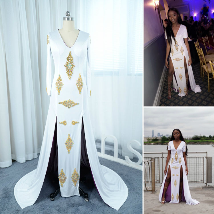 White Special Designed Shiny Rhinestone Long Sleeved A line Prom Dress