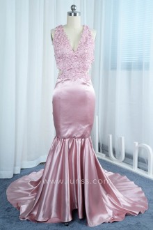 Rose Pink Floral Lace and Silky Satin Mermaid Prom Dress
