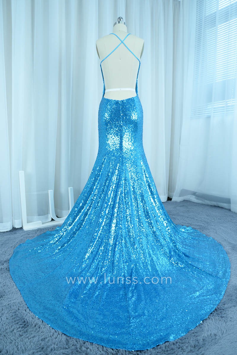 Blue Sequined Hater Sweetheart Neckline Mermaid Prom Dress Crisscross ...