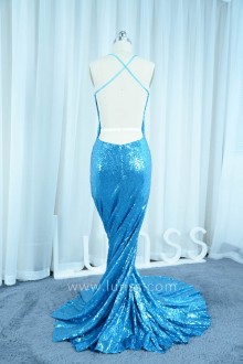 Blue Sequined Hater Mermaid Prom Dress Crisscross Back