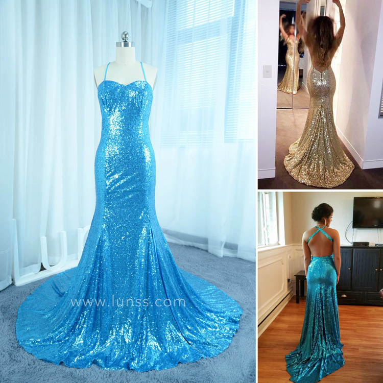 Blue Sequined Hater Sweetheart Neckline Mermaid Prom Dress Crisscross Back