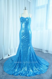 Blue Sequined Hater Sweetheart Neckline Mermaid Prom Dress