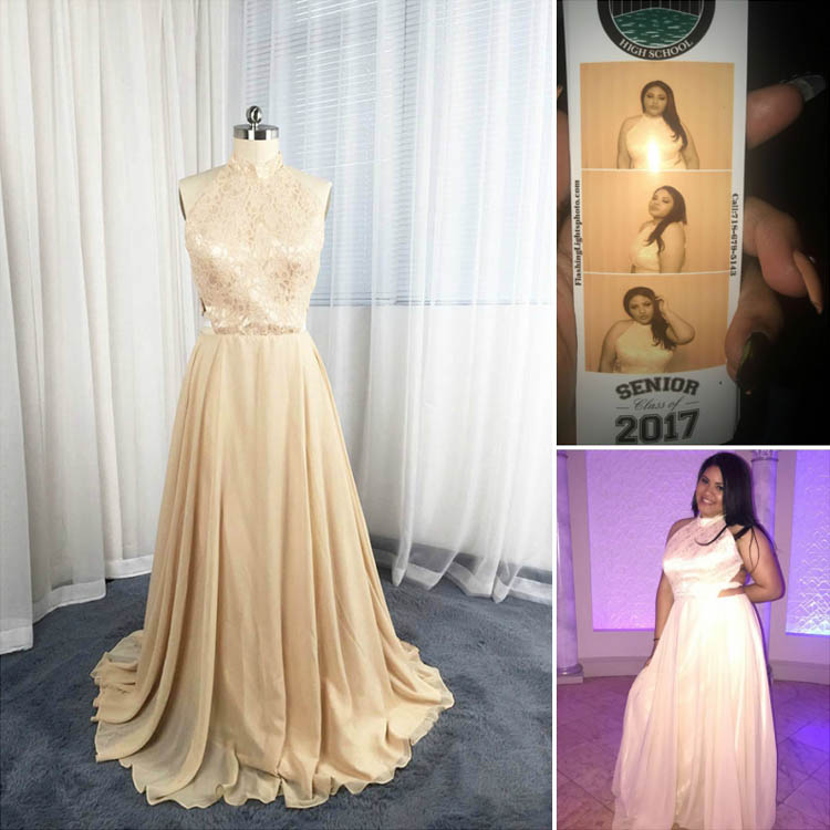 Amazing Choker Neckline Champagne Lace Dress Altered A line Chiffon Skirt
