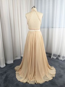 champagne lace dress altered A line chiffon skirt