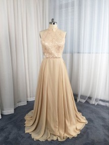 choker neckline champagne lace dress altered A line chiffon skirt