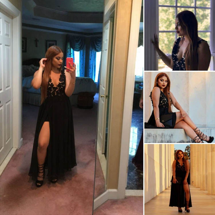 Deep V back Black Lace Chiffon A line Modified Prom Dress with Side Slit