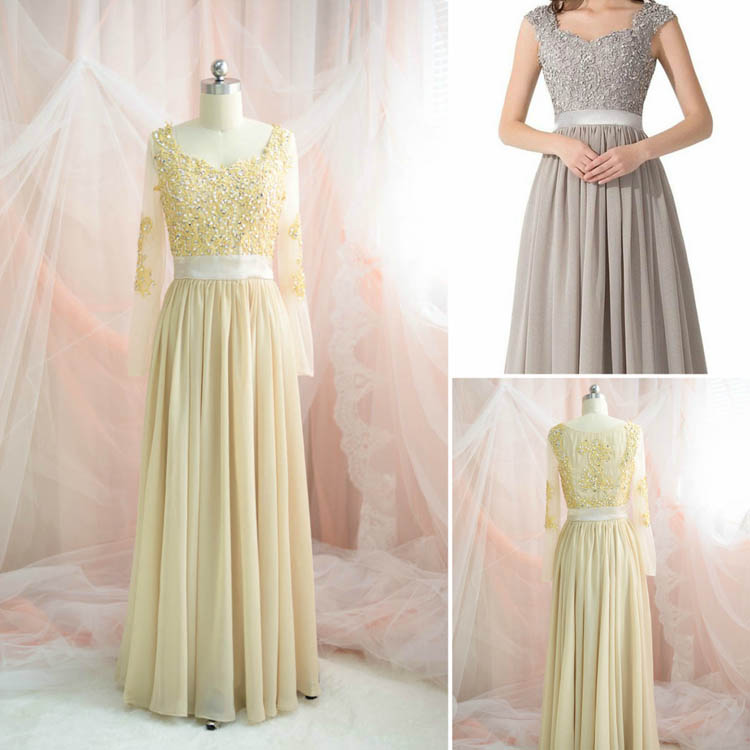 Gold lace A line floor length chiffon dress with modified long sleeves