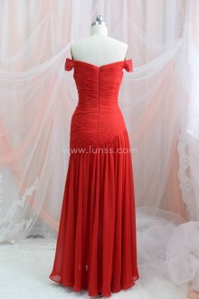 Off the shoulder red pleated chiffon Grad dress