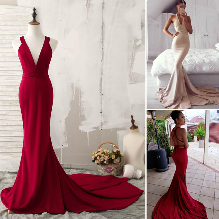 Customized Burgundy Straps Criss cross Back Spandex Beautiful Mermaid Dress