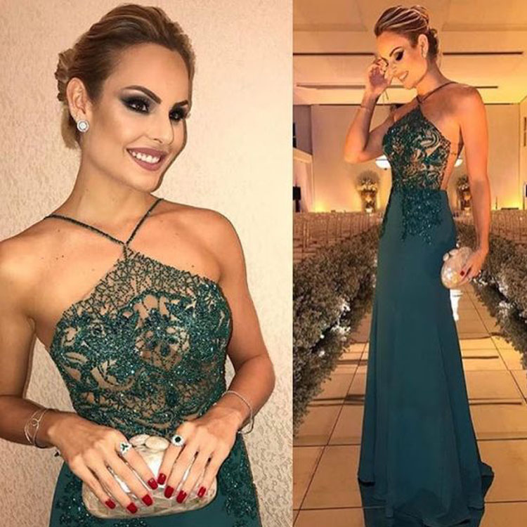 Teal Sleeveless Halter Sequin Lace Long Graduation Dress