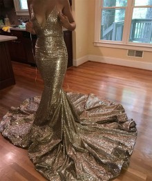 Plunging V neck halter gold halter mermaid prom dress