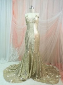 amazing plunging V neck sleeveless halter mermaid prom dress