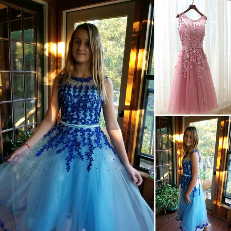 Straps Illusion Jewel Lace Neckline Tea length Tulle Dress