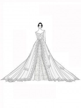 off shoulder white lace wedding gown sketch