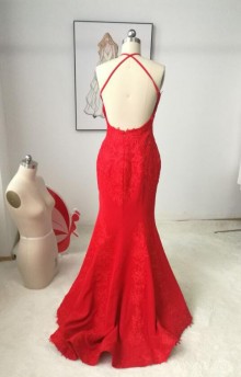 Red mermaid lace prom dress with pleated bottom