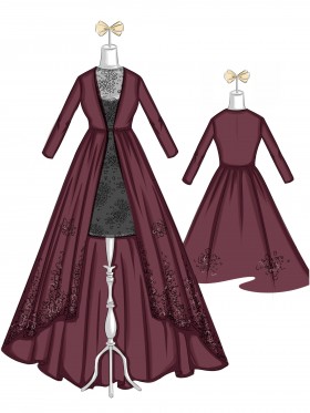 sketch of black lace short bodycon dress with burgundy coat