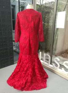 Long sleeve red lace mermaid custom prom dress with 3D floral bottom