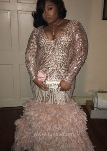 sequin and ostrich hair plus size prom dress