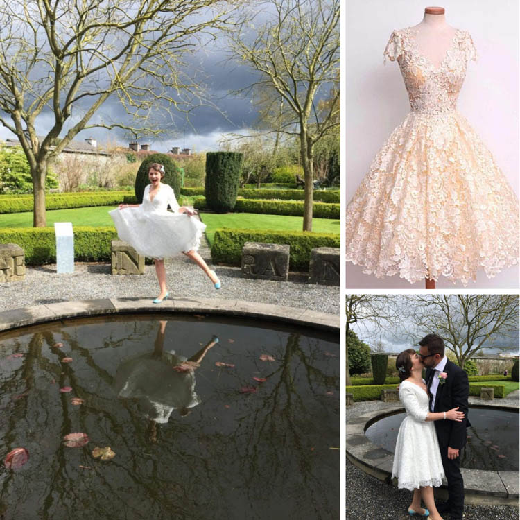 Ivory embroidery lace 34 sleeve vintage knee length custom made wedding dress