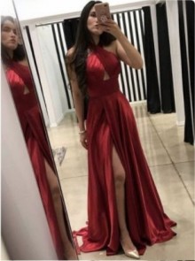 Sexy Red Satin Custom Made Dress with Halter Neckline and High Slit - Lunss