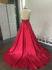 Sexy open back red satin custom made prom gown