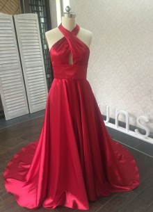 Sexy red satin custom made dress with halter necklin