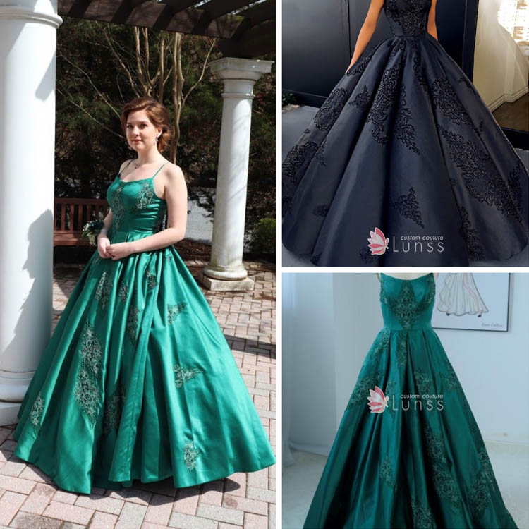 dark green satin custom made ball gown with spaghetti straps and lace appliques