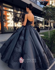 lace appliqued satin ball gown