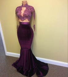 scalloped beaded lace illusion long sleeve purple dress