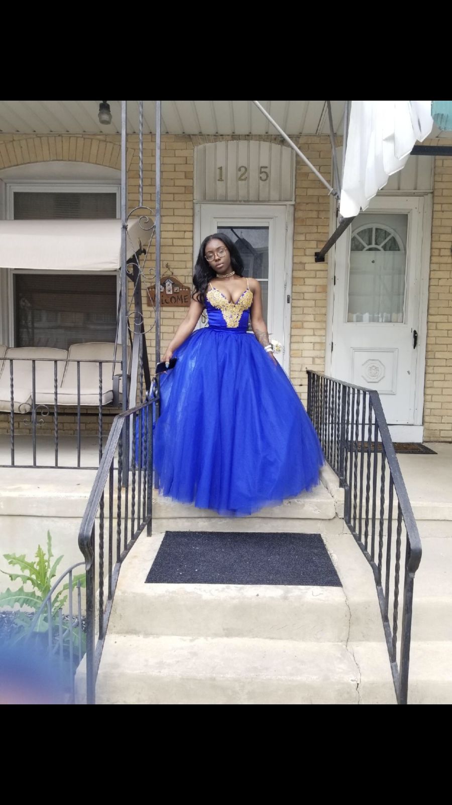 Beautifully Hand Made Beaded Gold Lace Appliqued Royal Blue Prom Dress ...