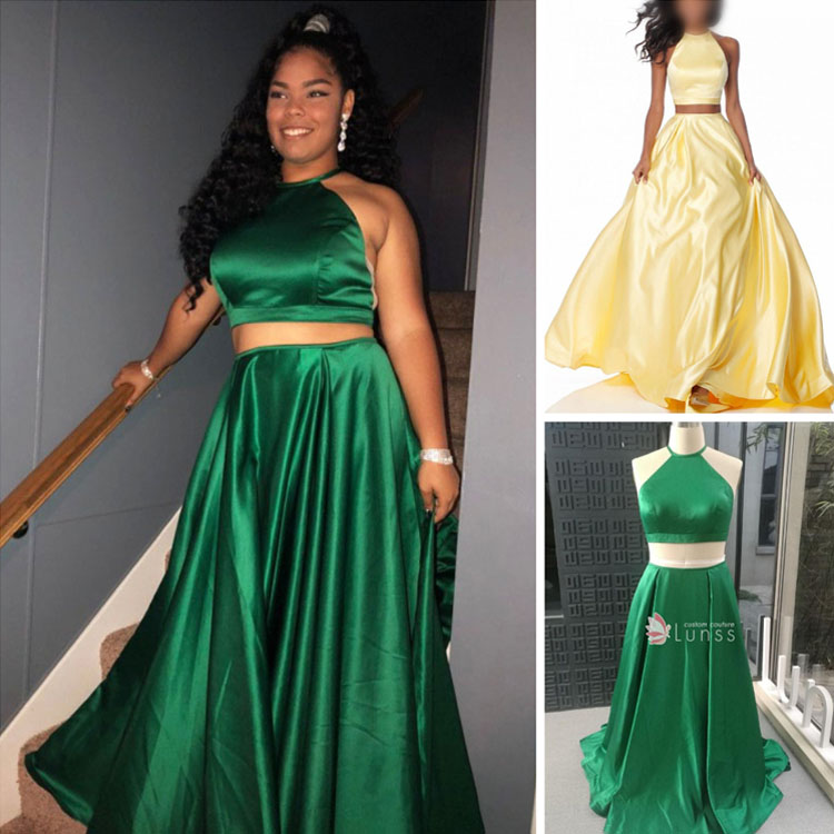 Dark green sleeveless A line long big halter prom dress with double pockets