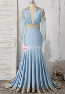 gold lace appliqued plunging bodice custom made prom dress