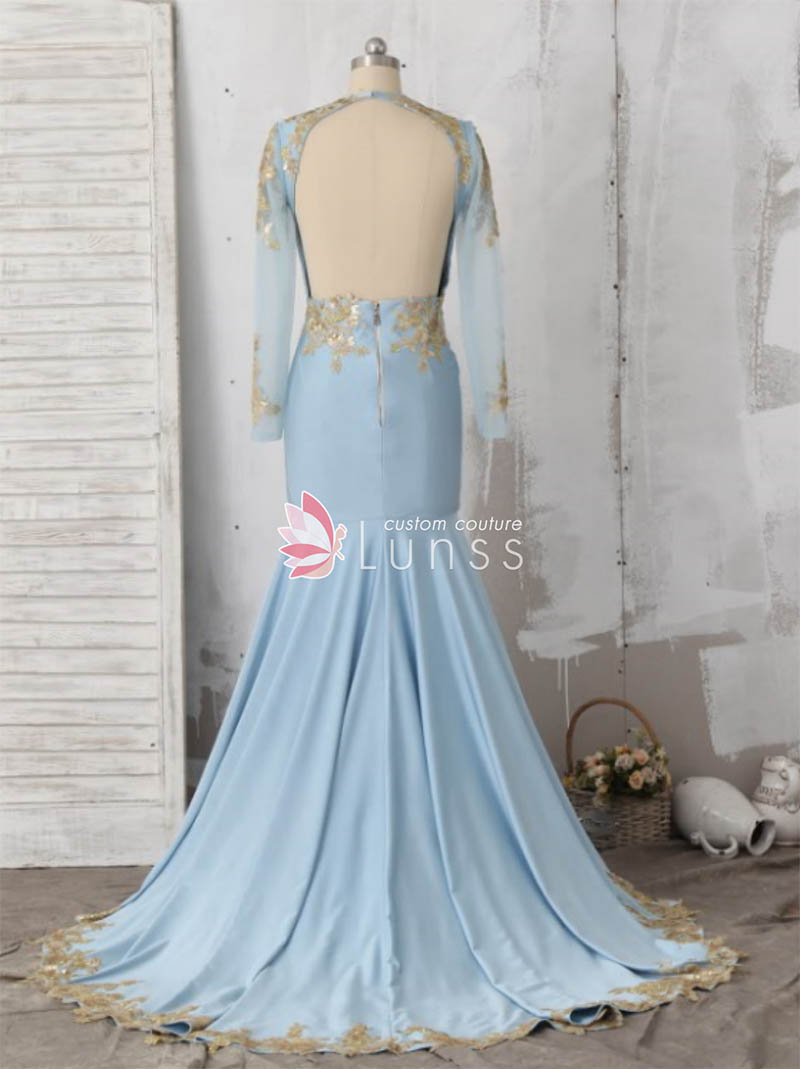 Custom-made Sky Blue Elastic Jersey Mermaid Prom Dress with Gold Lace ...