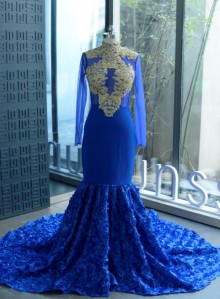 royal blue mermaid custom made prom dress with gold lace appliques