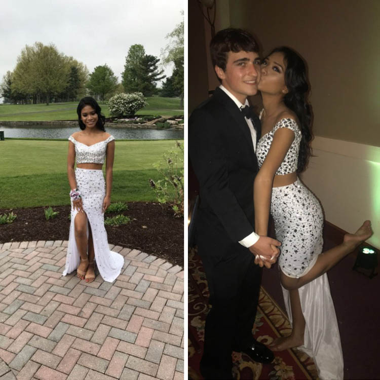 gradient crystals beaded off shoulder white two piece split custom prom dress
