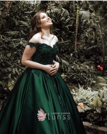 off the shoulder emerald green gown