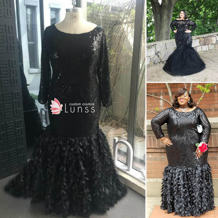 Black embroidered long sleeve plus size mermaid dress with 3D leaf bottom