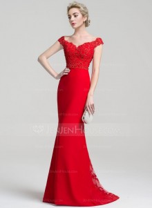 off the shoulder red beaded lace applique mermaid prom dress